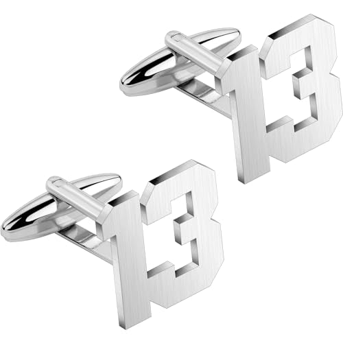 AMITER Mens Cufflinks with Number, Classic Silver Personalized Cuff Links for Men, Sport’s Day Casual or Formal Shirts - style: 13