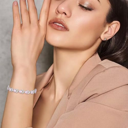 Crysdue Marquise Teardrop Cubic Zirconia Wedding Bridal & Prom Tennis Bracelets for Brides Bridesmaids, Silver/Gold/Rose Gold Plated Bracelet Gifts for Women - style: O_Pink 7.1-8.2 Inch