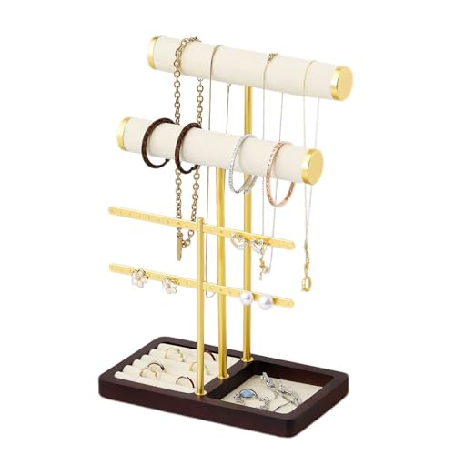 modern T-shaped jewelry rack, jewelry tower, gold metal, square ceramic base decoration display tower, necklace, bracelet, ring storage rack (2-layer beige velvet) - style: 2-layer beige velvet