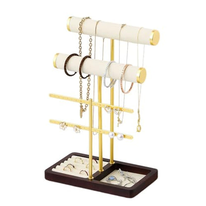 modern T-shaped jewelry rack, jewelry tower, gold metal, square ceramic base decoration display tower, necklace, bracelet, ring storage rack (2-layer beige velvet) - style: 2-layer beige velvet