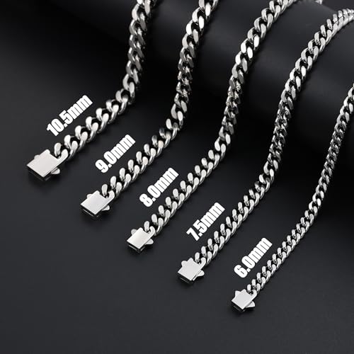 Fiusem Silver Tone/Black/14K Gold Plated Chain Necklace for Men, 5mm/6mm/7.5mm/8mm/9mm Stainless Steel Cuban Link Chain Necklace, Men's Chains 18-28 Inch Jewelry Gifts - size: 24", style: 9mm silver