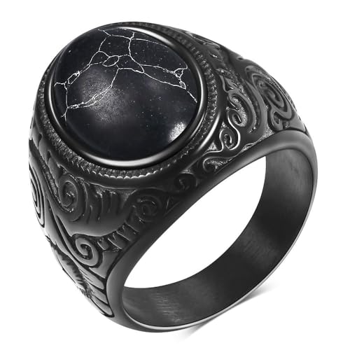 MYNENEY Retro Vintage Stone Rings for Men Turquoise Rings Stainless Steel - color: Black ring-black stone