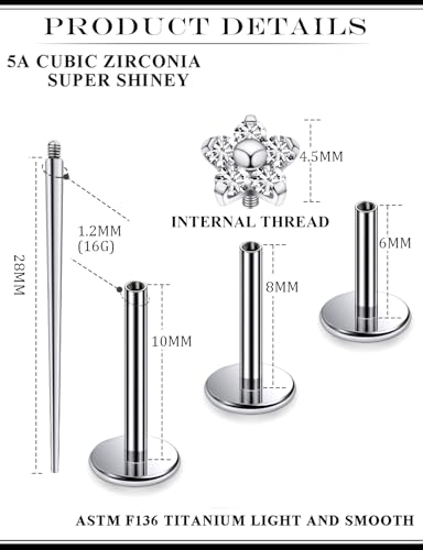 16G Astm F136 Titanium Internal Thread Flat Back Earrings Nose Studs Tragus Forward Helix Conch Cartilage Lobe Earrings Stud Medusa Labret Monroe Lip Ring Piercing Jewelry For Women Men - size: 16G--Style G-CZ