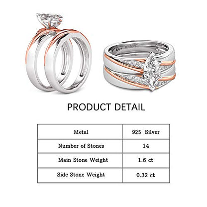Jeulia Wedding Rings Engagement Rings for Women Anniversary Promise Ring Bridal Sets 925 Sterling Silver with 1.6 ct Primary Stone+ 0.32 ct Side Stone - color: Rose gold