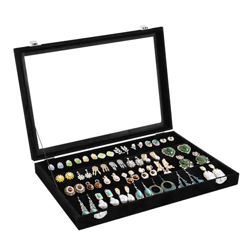 Wudygirl Earring Organizer Tray Jewelry Organizer 32 Pairs Earring Box Organizer Black Velvet Jewelry Display Case with Transparent Lid(Black Earring Storage) | 32 Pairs Jewelry Organizer for Earrings, Perfect for Home Organization, Jewelry Display, Gift