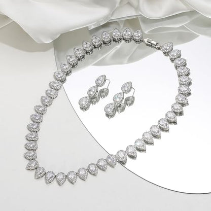 EleQueen Women's Silver-Tone Full Prong Cubic Zirconia Teardrop Bridal Necklace Earrings Set - color: 02-Clear