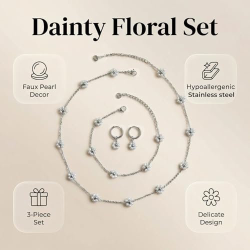 Daisy Pearl Jewelry Set for Women, 14K Gold Plated Stainless Steel Necklace Bracelet Earring 3 Piece Set, Dainty Pearl Choker Flower Necklace Birthday Gift for Her - color: Silver Pearl White