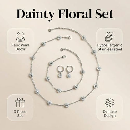 Daisy Pearl Jewelry Set for Women, 14K Gold Plated Stainless Steel Necklace Bracelet Earring 3 Piece Set, Dainty Pearl Choker Flower Necklace Birthday Gift for Her - color: Silver Pearl White