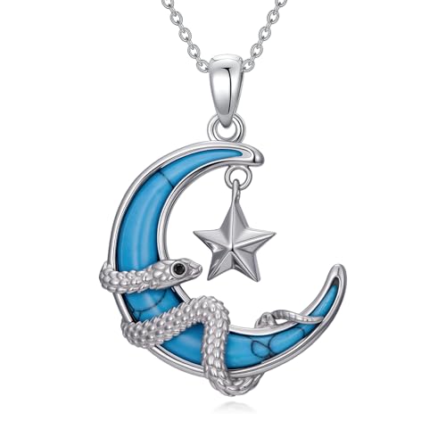 925 Sterling Silver Turquoise Moon Pendant Necklace for Women, Snake/Flower/Bow/Tree of Life/Star Moon Necklace, Dainty Jewelry for Daily Wear & Gifts - style: Style 6