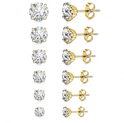 6 Pairs Stud Earrings for Women, 14K Gold Plated Hypoallergenic 316L Surgical Stainless Steel Earrings Studs Sets Cubic Zirconia Cartilage Earrings - color: Gold- 6 Pairs- 2 3 4 5 6 7mm
