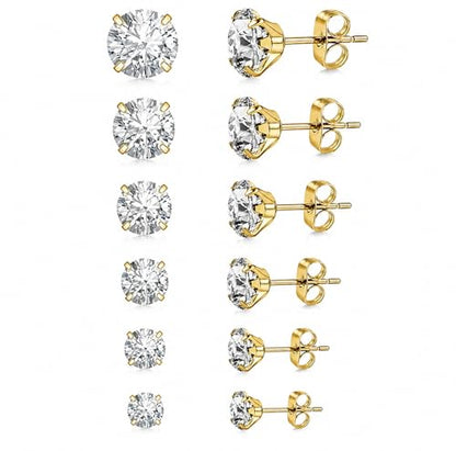 6 Pairs Stud Earrings for Women, 14K Gold Plated Hypoallergenic 316L Surgical Stainless Steel Earrings Studs Sets Cubic Zirconia Cartilage Earrings - color: Gold- 6 Pairs- 2 3 4 5 6 7mm