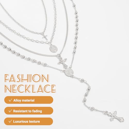 Layered Cross Necklace Set for Women, Layered Choker Necklaces Trendy Jewelry, Colorful Enamel Beaded Y-Shaped Lariat Necklace, Boho Multilayer Cross Necklace for Party and Daily Wear - color: Silver-03
