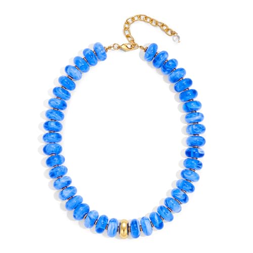 Chunky Beaded Necklace for Women Boho Statement Bead Necklace Adjustable Choker with Polished Disc/Square Beads Trendy Summer Beach Jewelry Gifts - color: Blue