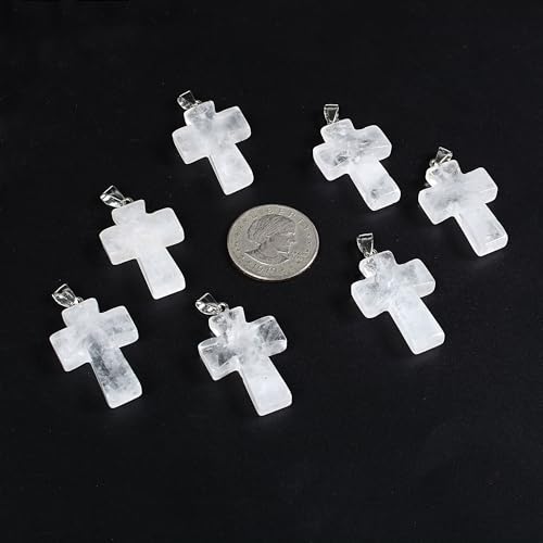 Justinstones 32mm Gemstone Carved Cross Reiki Chakra Pendant With Stainless Steel Necklace 22 Inch - color: White Clear Quartz