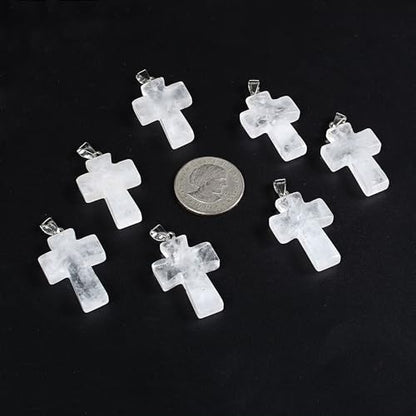 Justinstones 32mm Gemstone Carved Cross Reiki Chakra Pendant With Stainless Steel Necklace 22 Inch - color: White Clear Quartz