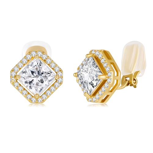 Clip On Earrings for Women Halo Clip-on Non-pierced Earrings Gold Plated Small CZ Studs Dainty Jewelry - color: Square