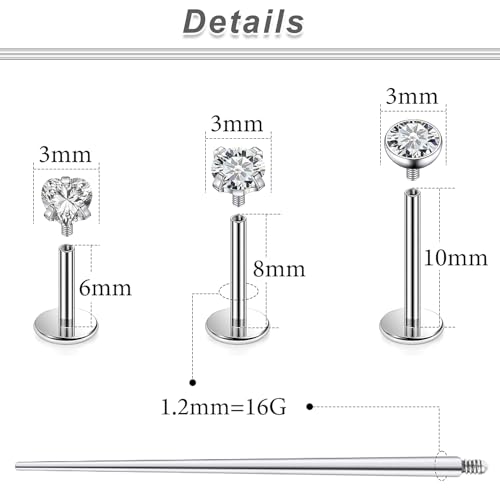 20G 18G 16G F316 Titanium Flat Back Nose Rings Studs Hypoallergenic Screw on Tragus Helix Cartilage Earrings Stud Piercing Jewerly for Women Men Bars 6mm - style: 16G Flat Back Nose Studs-6mm 8mm 10mm Bars-3mm CZ