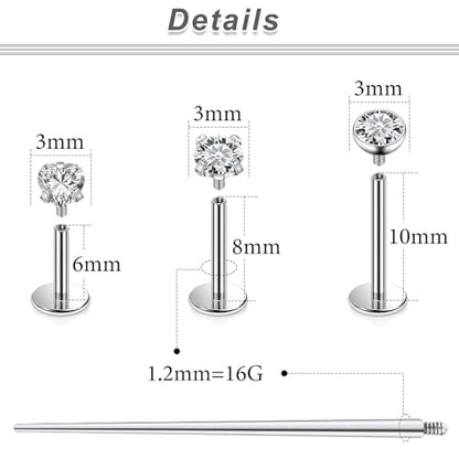20G 18G 16G F316 Titanium Flat Back Nose Rings Studs Hypoallergenic Screw on Tragus Helix Cartilage Earrings Stud Piercing Jewerly for Women Men Bars 6mm - style: 16G Flat Back Nose Studs-6mm 8mm 10mm Bars-3mm CZ