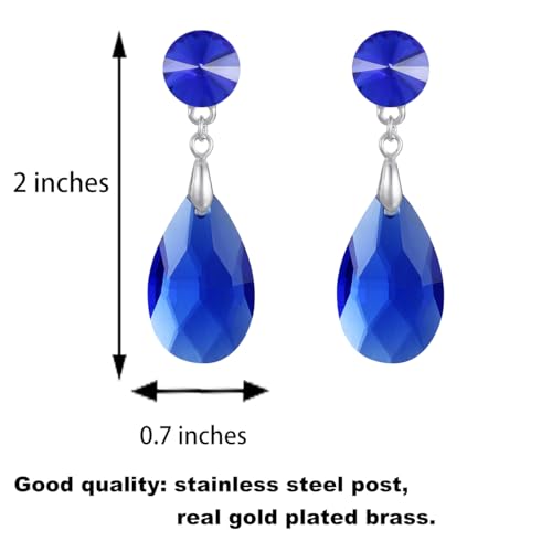 Round and Teardrop Crystal Stud Dangle Earrings Hypoallergenic Gold Plated Birthstone Drop Earrings Trendy Evening Prom Pageant Jewelry Gift for Women - color: sapphire blue