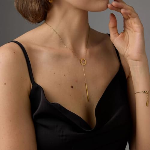 Lariat Necklace for Women Dainty Gold Long Necklace 14k Gold Plated Adjustable Y-Shaped Pendant Necklace Sliding Lariat Chain Minimalist Layered Statement Jewelry - color: Gold-B