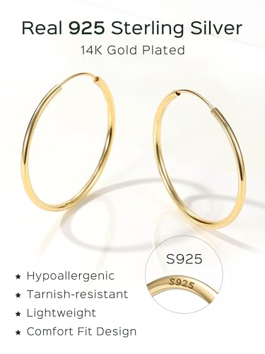 ChicSilver 925 Sterling Silver Hoop Earrings for Women Hypoallergenic, Lightweight Large Gold Plated Silver Hoop Earrings, Endless Hoops Earring 20/30/40/50/60/70MM - color: A. High Polished Gold, size: 40mm