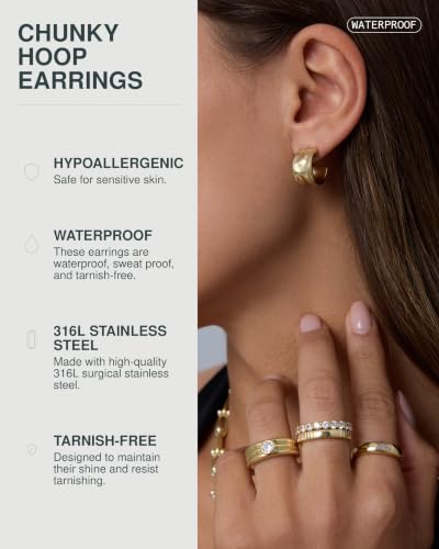 PAVOI Waterproof Hoop Earrings for Women, 14K Gold Plated Chunky Earrings | Statement Huggie Hoops - Stainless Steel Dome, Square, Twisted Earrings Bold Jewelry - color: Yellow Gold