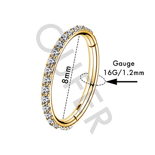 OUFER Gold Hinged Segment Earring Hoop 16G Stainless Steel with Cartilage Earrings Clear CZ Paved Tragus Helix Earrings Cartilage Earring Septum Nose Ring Hoop - color: Gold Plated-8mm diameter