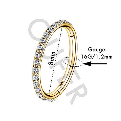 OUFER Gold Hinged Segment Earring Hoop 16G Stainless Steel with Cartilage Earrings Clear CZ Paved Tragus Helix Earrings Cartilage Earring Septum Nose Ring Hoop - color: Gold Plated-8mm diameter