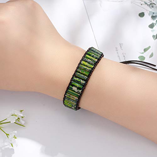 Plumiss Women Boho Handmade Natural Stone Crystal Leather Bead Wrap Bracelets Collection - style: Green Jasper 1W
