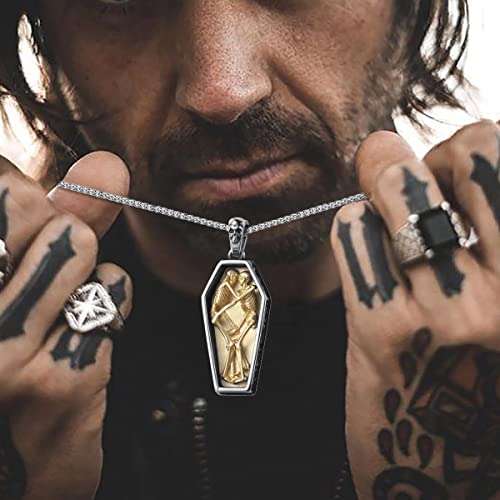 Skull Necklace for Men Stainless Steel Gothic Punk Emo Biker Necklace Jewelry for Men 60cm - style: Two-tone Coffin Skull