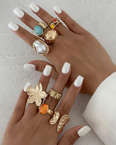 Chunky Gold Shell Starfish Ring Set for Women Trendy Gold Flower Scallop Seashell Starfish Gemstone Rings Adjustable Stacking Statement R-ings Non Tarnish Spring Summer Jewelry Accessories - color: B1:8 pcs