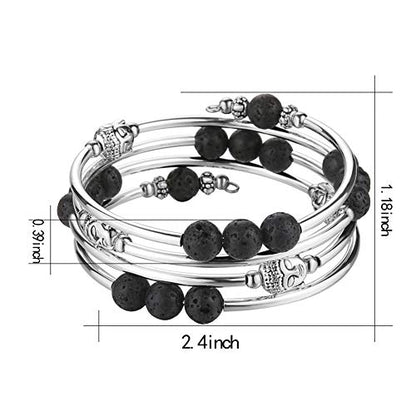 PEARL&CLUB Beaded Chakra Bangle Turquoise Bracelet - Fashion Jewelry Wrap Bracelet with Thick Silver Metal and Mala Beads, Birthday Gifts For Women - color: 58-lava bead
