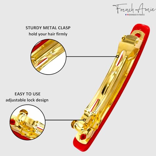 French Amie Bar Red Small 2 1/4 Inch Cellulose Acetate Hair Clip Barrette | Handmade Metal Clasp Rectangular For Fine Hair Bangs Half Up Styling Women Girls - color: Red
