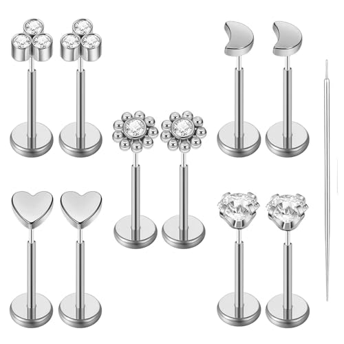 Uni-J 10pcs 20G/18G/16G Threadless Push-in Tragus Conch Cartilage Flat Back Helix Labret Monroe Lip Ring Daith Piercing Jewelry - color: 20G Silver 6mm