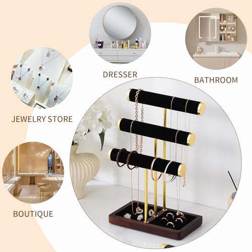 modern T-shaped jewelry rack, jewelry tower, gold metal, square ceramic base decoration display tower, necklace, bracelet, ring storage rack (3-layer black velvet) - style: 3-layer black velvet