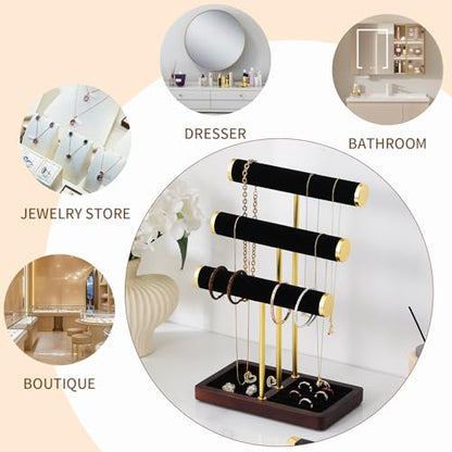 modern T-shaped jewelry rack, jewelry tower, gold metal, square ceramic base decoration display tower, necklace, bracelet, ring storage rack (3-layer black velvet) - style: 3-layer black velvet