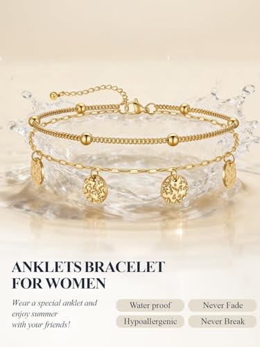 U7 Silver/Gold/Black Ankle Bracelets for Women Layered Chain Anklets | Stainless Steel Anklets Waterproof Summer Beach Anklet Charm, Adjustable 8.5"-10.5",Layered Anklet Fashion - color: Gold - Ball Chain+Paperclip Chain