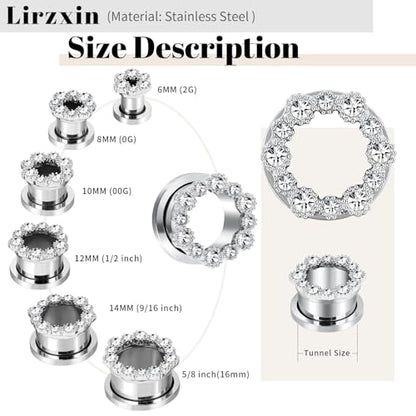 Tunnels Gauges, 2PCS Stainless Steel Tunnel Set Hollow Flower with Round Cubic Zirconia Screw Back Ear Gauges Plugs Tunnels 2G - 5/8 inch Ear Piercing Jewelry - color: Silver, size: 0G(8mm)