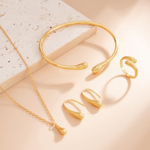 QiaTsed Women's Jewelry Set Gold Teardrop Jewelry Set Statement Elegance Jewelry with Necklace Bracelet Ring Earrings Ideal Jewelry Gift for Women - color: Gold
