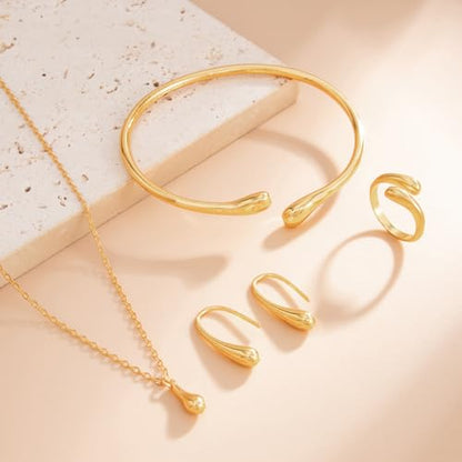 QiaTsed Women's Jewelry Set Gold Teardrop Jewelry Set Statement Elegance Jewelry with Necklace Bracelet Ring Earrings Ideal Jewelry Gift for Women - color: Gold