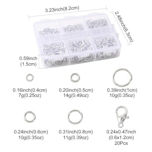 Jewelry Making Findings Kit with 5 Size Open Jump Rings, 20 Lobster Clasps | Complete Platinum Toned Jewelry Findings Kit with Packaging Box for DIY Crafts, Repair and Beading - color: Platinum