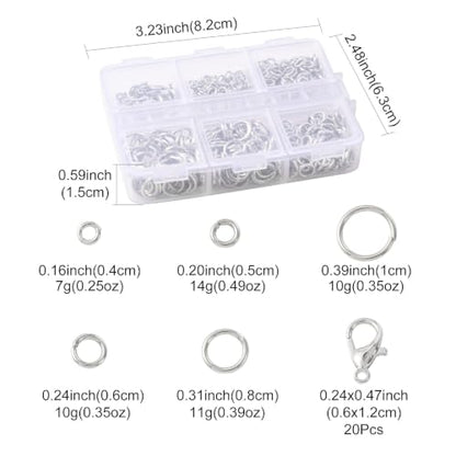 Jewelry Making Findings Kit with 5 Size Open Jump Rings, 20 Lobster Clasps | Complete Platinum Toned Jewelry Findings Kit with Packaging Box for DIY Crafts, Repair and Beading - color: Platinum