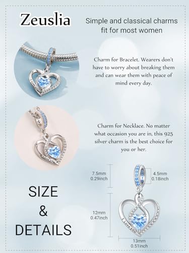 Heart Birthstone Charms for Bracelets, 925 Sterling Silver Women Bead Charms for Charm Bracelets Necklace, Mother's Day Birthday Anniversary Jewelry Gifts for Wife Mom Grandma Daughter - style: Dangle - Mar - Aquamarine