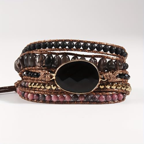 Women Wrap Bracelets Boho Natural Stone Jasper Turquoises Strand Bracelet Jewelry Collection - color: Black 2