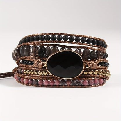 Women Wrap Bracelets Boho Natural Stone Jasper Turquoises Strand Bracelet Jewelry Collection - color: Black 2
