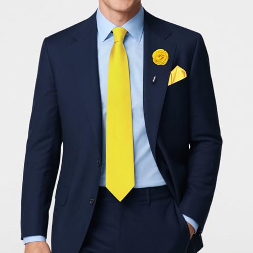 Solid Color Tie and Pocket Square with Tie Clip Lapel Pin Silk Formal Necktie Set Wedding Formal - color: Yellow