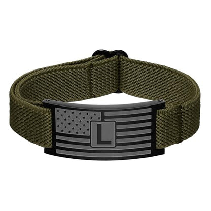 C-leen American Flag Initial Bracelet for Men Boy, Stainless Steel Letter Charm Bracelet Mens Gifts Elastic Stretch Gifts Bracelets for Dad Husband Son Gift - color: L