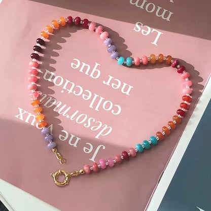 HAXIYA Colorful Beades Gemstone Necklace for Women Boho Beaded Choker | Rainbow Natural Stone Chunky Bead Surfer Summer Beach Necklaces Jewelry Hypoallergenic - color: Multi