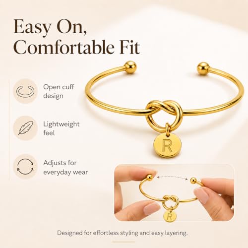 LemonRose Initial Bracelets for Women - Dainty Tie the Knot Letter A-Z 14K Gold Plated for Women Gold Cuff Bracelet for Womens Jewelry Personalized Bridesmaid Proposal Gifts - color: Gold R