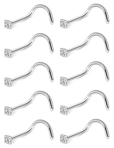Nose Studs Surgical Steel Nose Rings Studs with Cubic Zirconia 10Pcs Tiny Nostril Rings for Women Screw Bone and L-Shaped Nostril Piercing Jewelry 24G 22G 20G 18G - color: silvertone,screw nose studs, size: 18g,2.0mm Clear CZ